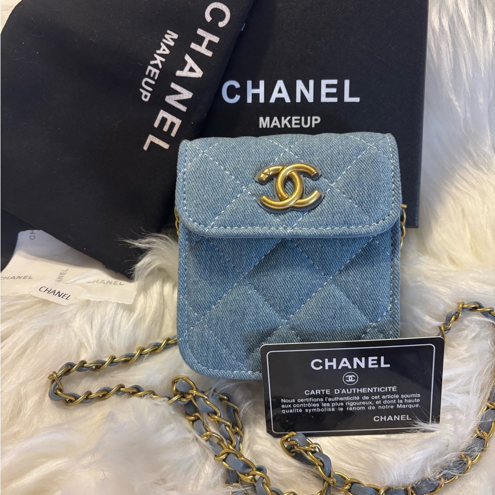 Chanel Beauty Makeup Denim Quilted Mini Bag with Gold Hardware